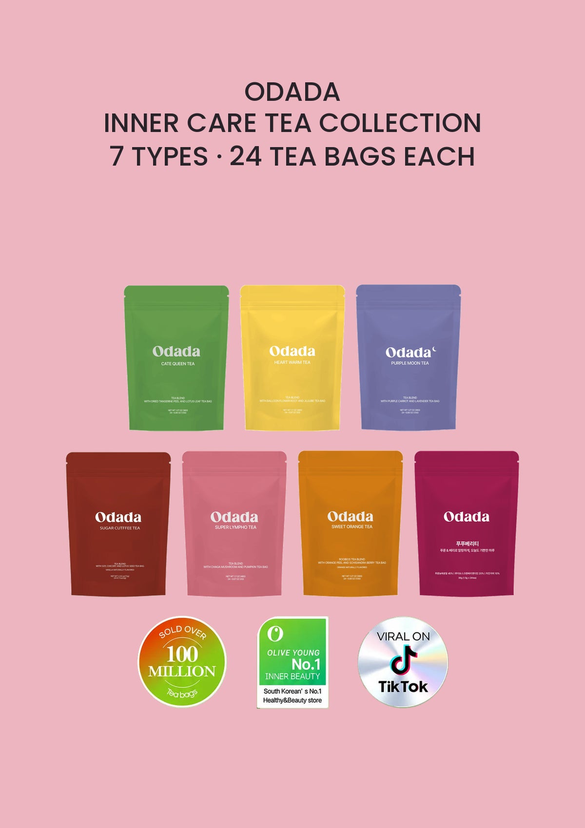 ODADA Inner Care Tea Collection, seven authentic 24-tea-bag pouches with the original three brand badges on a pink background