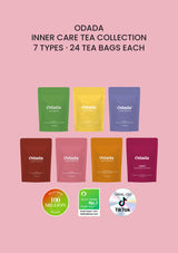 ODADA Inner Care Tea Collection, seven authentic 24-tea-bag pouches with the original three brand badges on a pink background