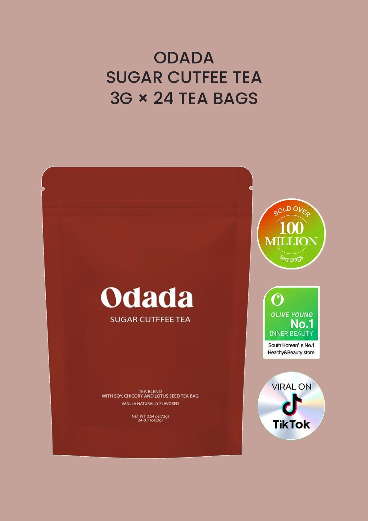 ODADA Sugar Cutfee Tea, 3g × 24 tea bags, with the three original brand achievement logos