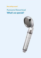 A Puresome showerhead with a transparent body and chrome-finished head, shown against a light blue background with promotional text on the left.