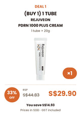 Buy 1: REJUVEON PDRN 1000 Plus Cream, 1 tube of 20g. RSP S$44.83, COCOMO price S$29.90, save 33% or S$14.93. Prices in SGD include GST.