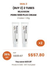 Buy 2: REJUVEON PDRN 1000 Plus Cream, 2 tubes of 20g. RSP S$89.67, COCOMO price S$57.80, save 36% or S$31.87. Prices in SGD include GST.