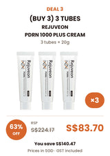 Buy 3: REJUVEON PDRN 1000 Plus Cream, 3 tubes of 20g. RSP S$224.17, COCOMO price S$83.70, save 63% or S$140.47. Prices in SGD include GST.