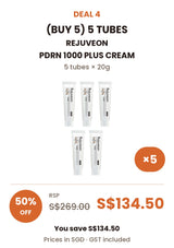 Buy 5: REJUVEON PDRN 1000 Plus Cream, 5 tubes of 20g. RSP S$269.00, COCOMO price S$134.50, save 50% or S$134.50. Prices in SGD include GST.