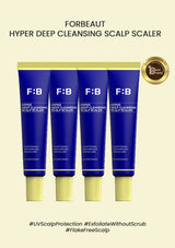 Four blue tubes of F:B Hyper Deep Cleansing Scalp Scaler on a beige background with brand logo and product details.