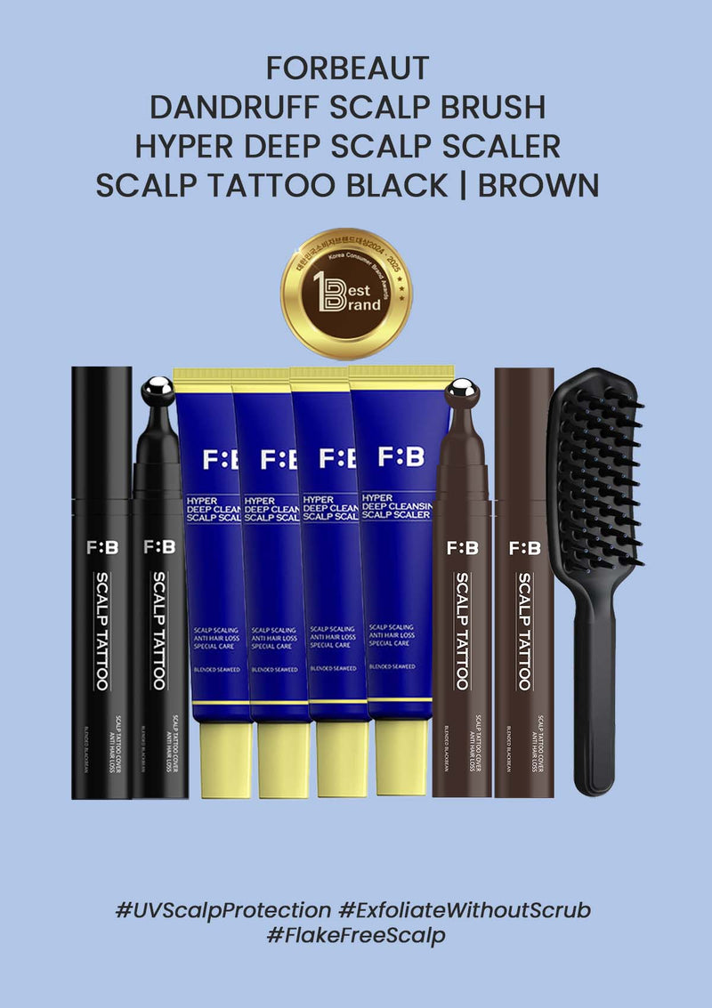 F:B scalp care products including a brush, scalpel, and bottles on a light blue background.
