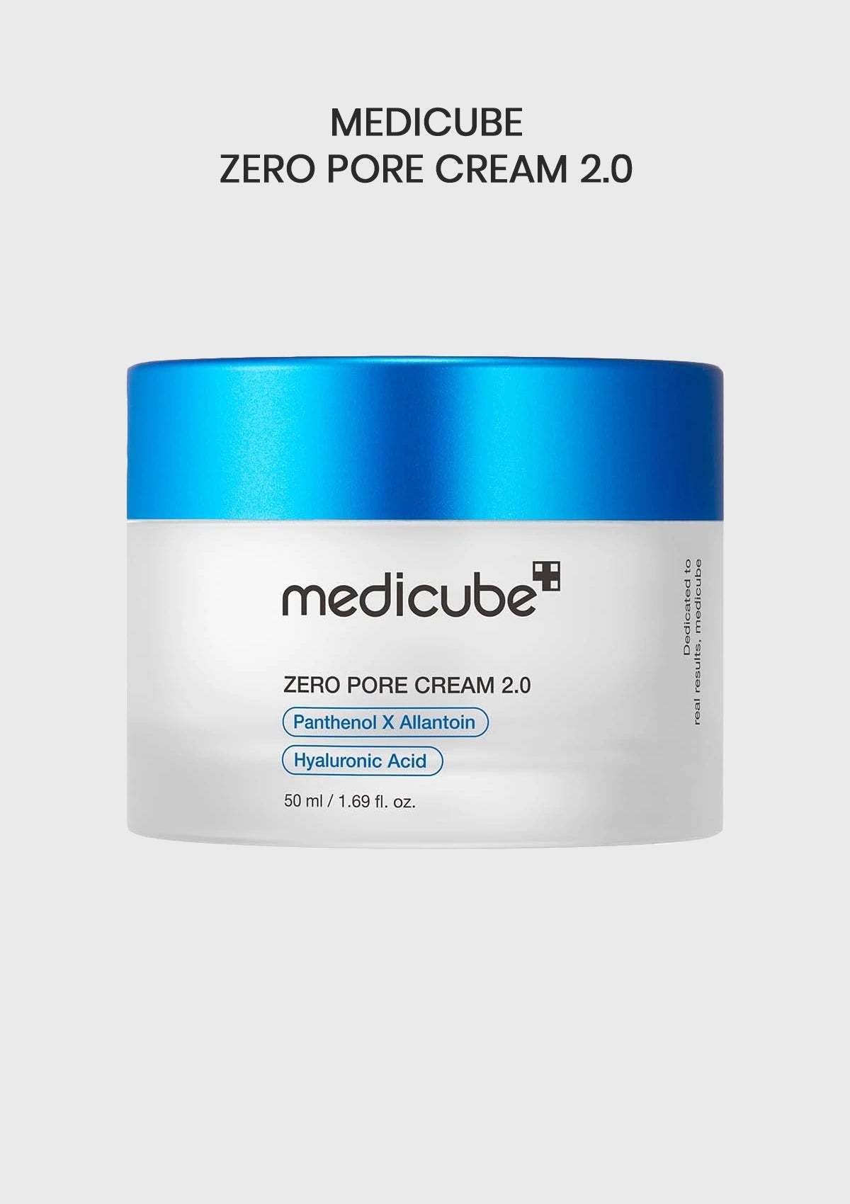 Medicube Zero Pore Cream 2.0 jar with blue lid on a light gray background