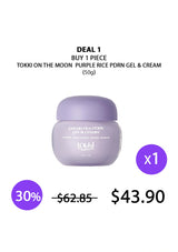 A product listing graphic for a jar of Tokki on the Moon Purple Rice PDRN Gel & Cream. The image features a lavender purple jar centered on a white background, with promotional text 'DEAL 1 BUY 1 PIECE' and pricing details including a 30% discount and original price of $62.