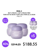 Promotional graphic for a skincare deal showing three lavender jars of Tocki on the Moon Purple Rice PDRN Gel & Cream, with text offering buy 3 get 2 free, price markings, and a small inset showing the free pieces.