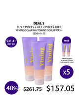 Promotional graphic for Ytning scalp and toning scrub wash with pricing and offer details.