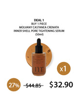 Molvany Castanea Crenata serum bottle with promotional text on a white background