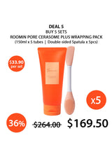 Roomin Pore Cerasome Plus Wrapping Pack with a spatula on a white background, showing a promotional deal.