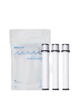 BODYLUV body cleaner kit featuring a white resealable pouch with blue text and three white cylindrical filter cartridges with silver caps, shown on a plain white background.