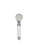 A handheld shower head with a round silver head and a clear cylindrical hose, shown vertically against a plain white background.