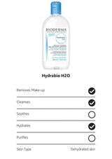 Bioderma Hydrabio H2O cleansing bottle shown above a feature checklist on a white background. The bottle is clear with a blue cap and blue/white label.