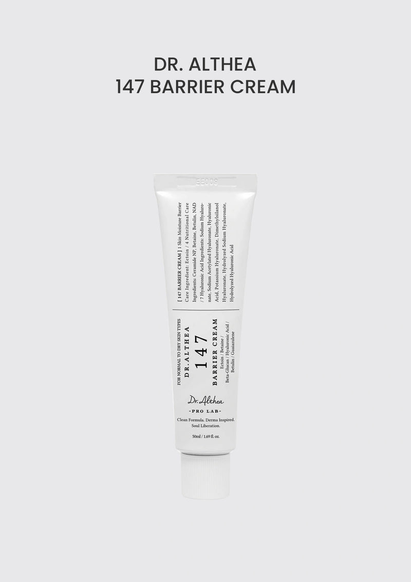 Dr. Althea 147 Barrier Cream 50ml — authentic packaging on soft silver-grey background
