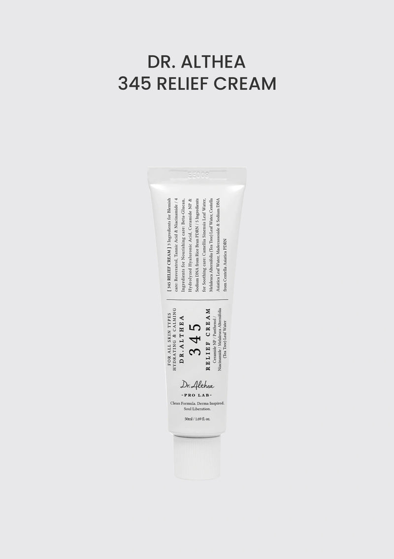 Dr. Althea 345 Relief Cream 50ml — authentic packaging on soft silver-grey background