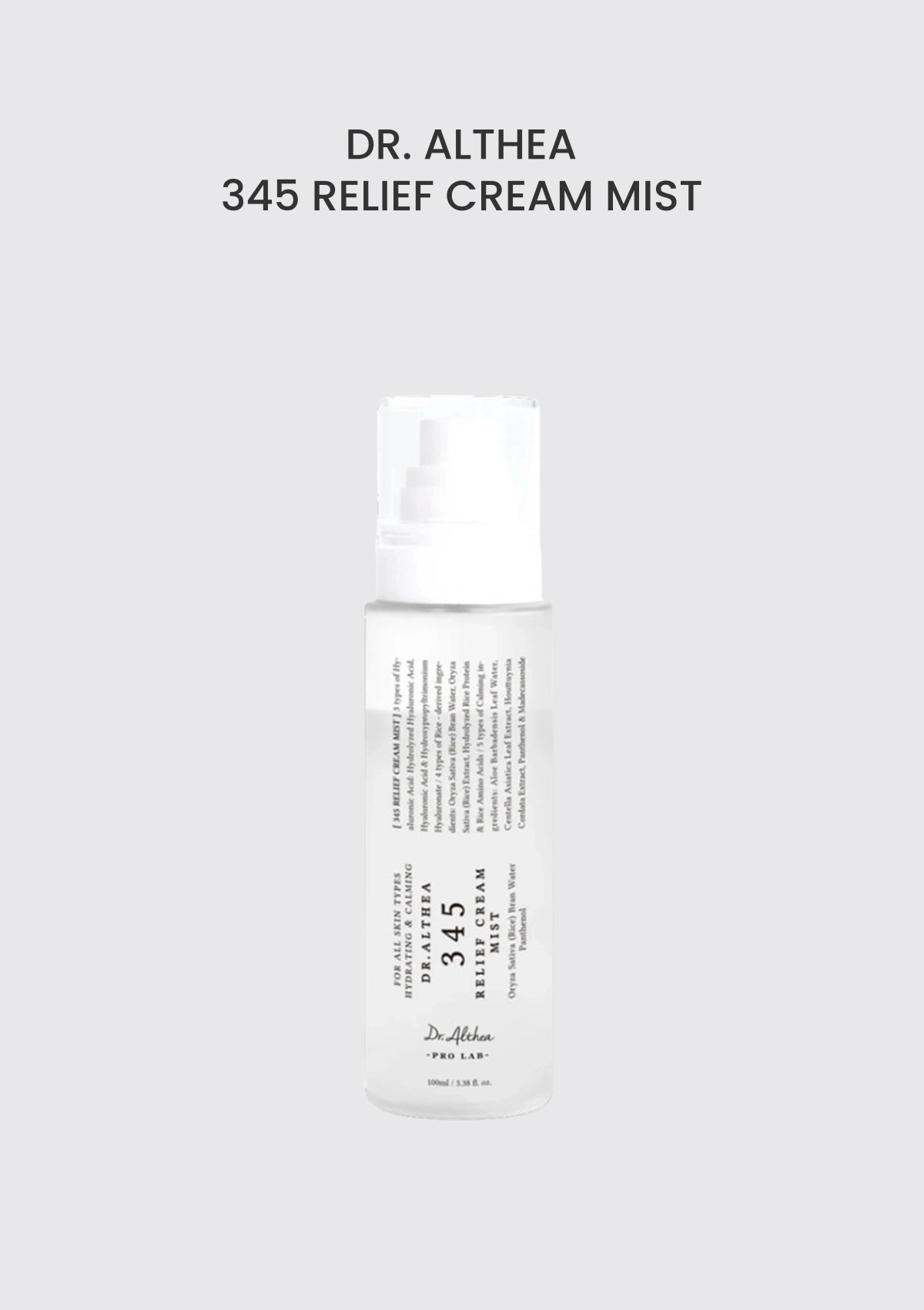 Dr. Althea 345 Relief Cream Mist 100ml — authentic packaging on soft silver-grey background