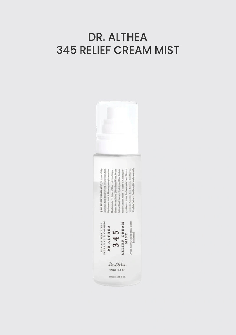 Dr. Althea 345 Relief Cream Mist 100ml — authentic packaging on soft silver-grey background