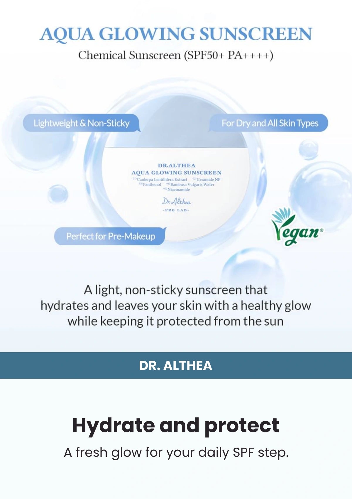 Dr. Althea Aqua Glowing Sunscreen 45ml — Hydrate and protect. A fresh glow for your daily SPF step.