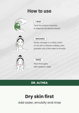 Dr. Althea Pure Grinding Cleansing Balm — Dry skin first. Add water, emulsify and rinse