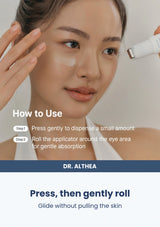 Dr. Althea Retinol Flat Iron Eye Roller — Press, then gently roll. Glide without pulling the skin