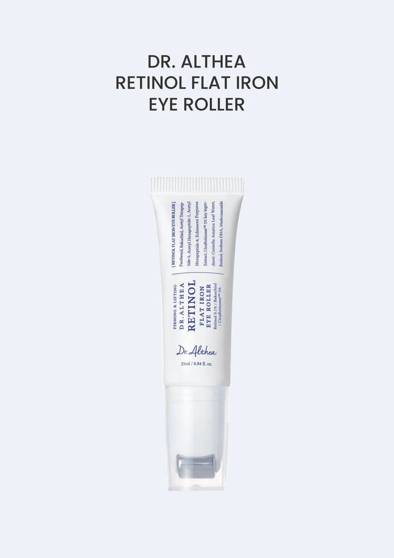 Dr. Althea Retinol Flat Iron Eye Roller 25ml — white tube with blue lettering and built-in roller