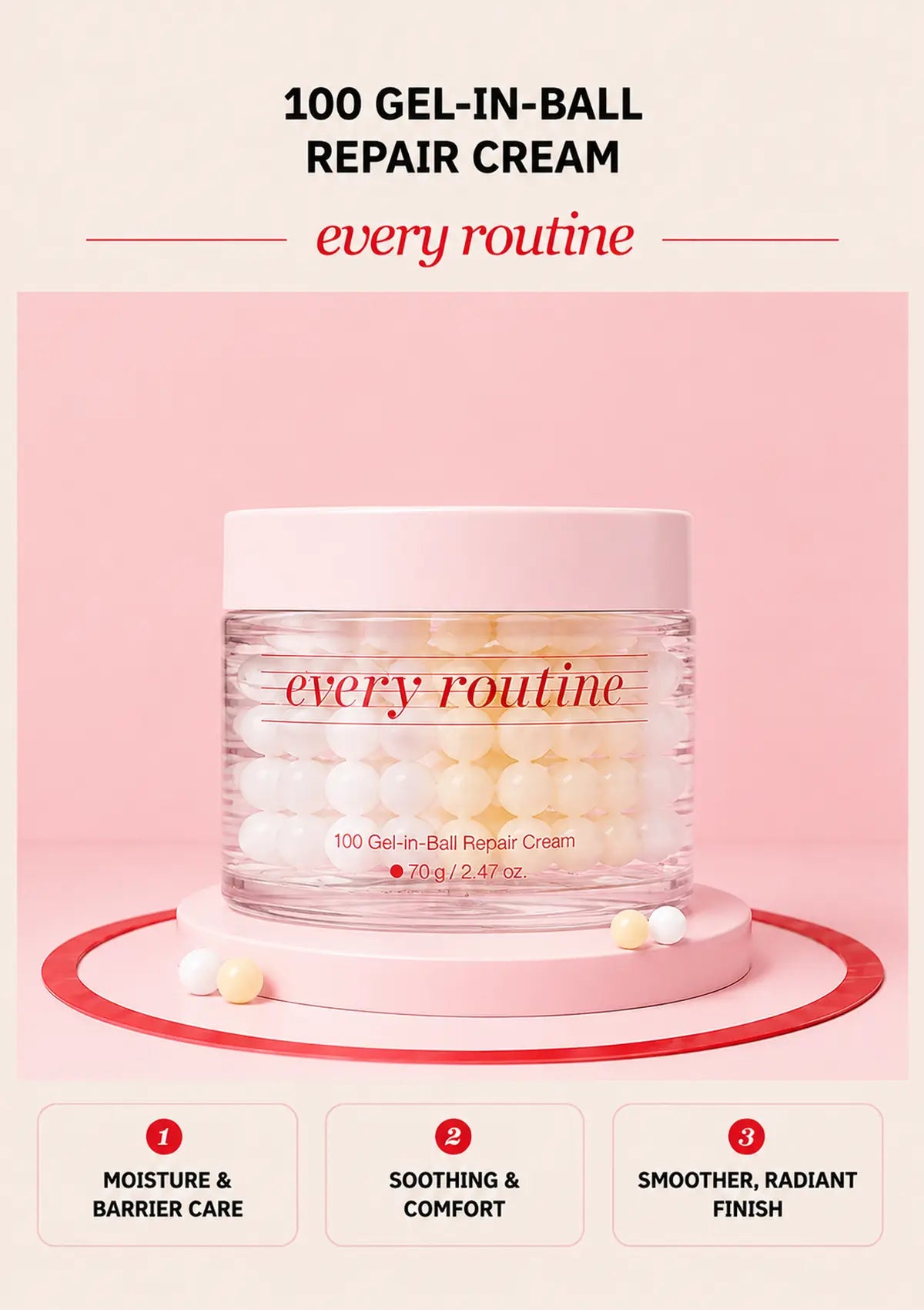 Every Routine 100 Gel-in-Ball Repair Cream jar with visible gel capsules on a pink podium