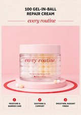 Every Routine 100 Gel-in-Ball Repair Cream jar with visible gel capsules on a pink podium