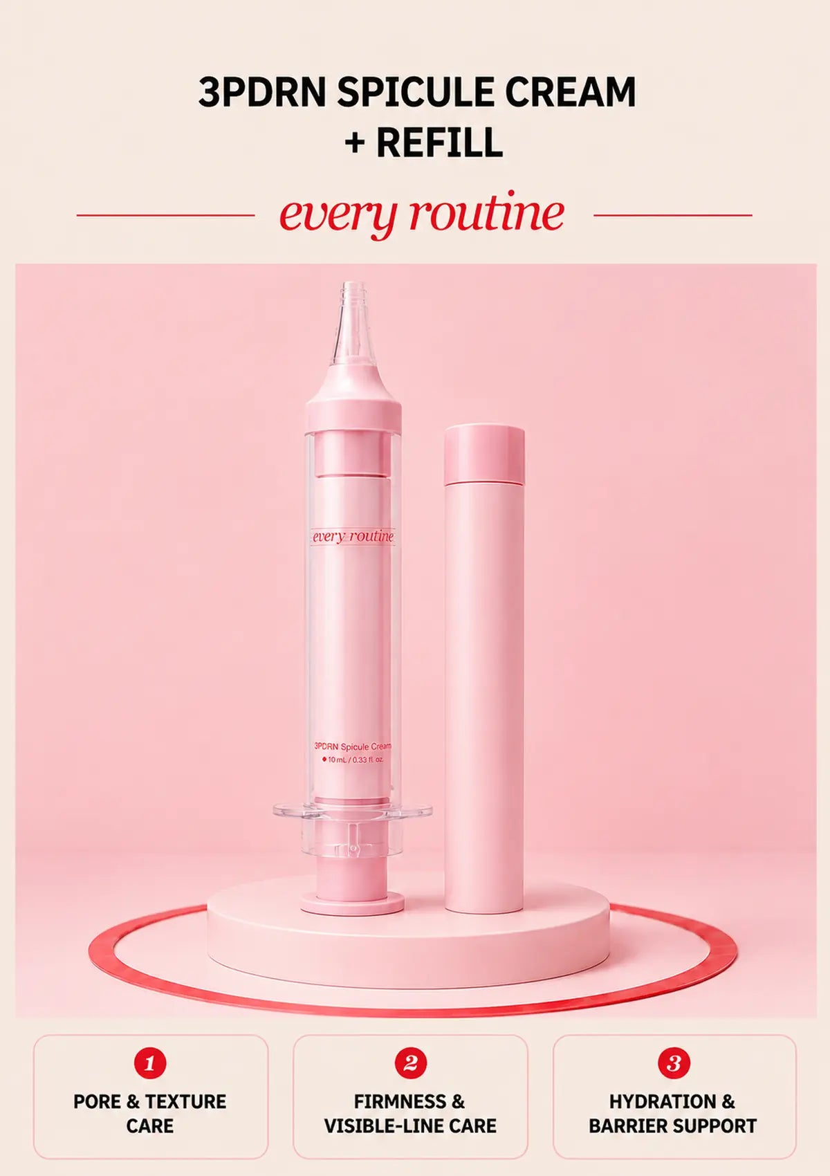Every Routine 3PDRN Spicule Cream applicator and matching refill cartridge on a pink podium