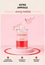 Every Routine Estro Ampoule red serum vial with applicator on a pink podium