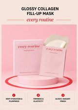 Every Routine Glossy Collagen Fill-Up Mask box and sheet-mask sachets on a pink podium