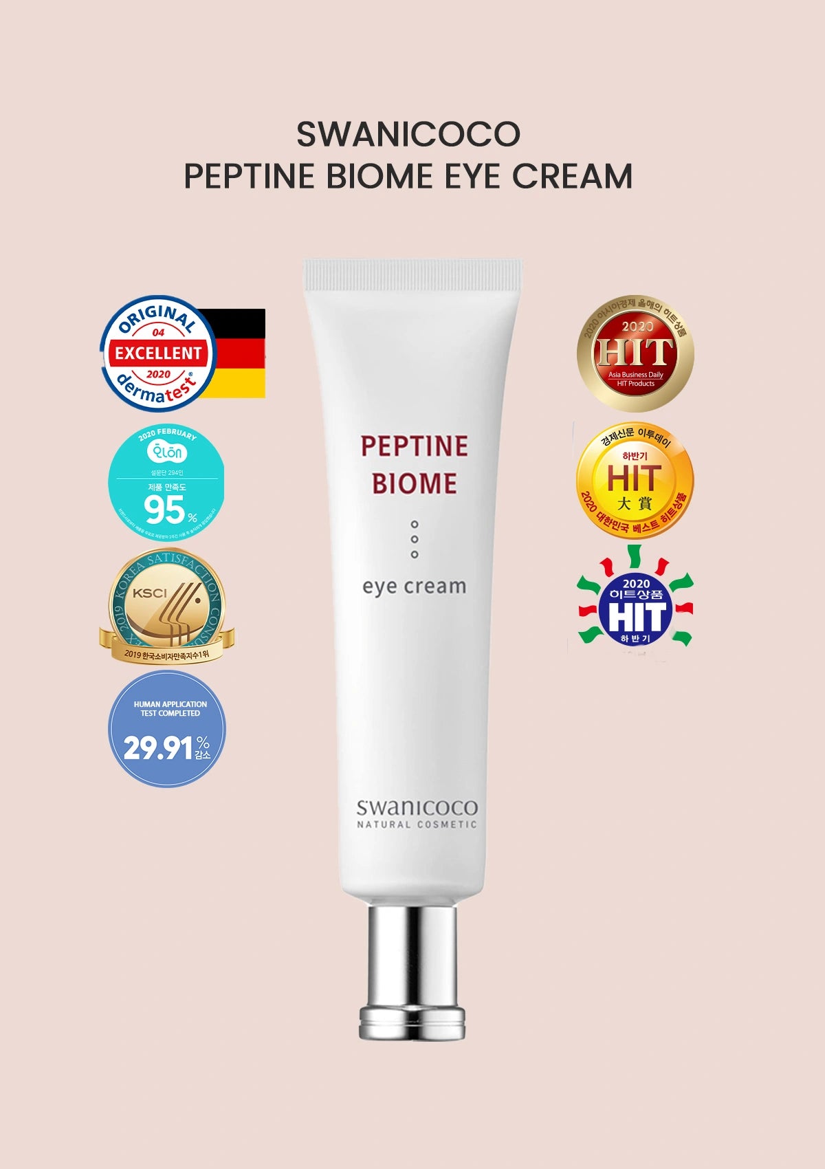 Swanicoco Peptide Biome eye cream with certification logos on a beige background
