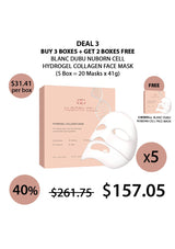 Promotional graphic for Blanc Dubu Nuborn Cell hydrogel collagen face mask with pricing and deal information.