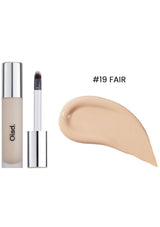 Cosmetic product with applicator and color swatch labeled '#19 FAIR' on a white background