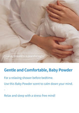 A promotional graphic for baby shower powder, featuring a photo of a baby wrapped in soft white blankets with a person's hands holding them. Below the photo, blue text reads: 'Gentle and Comfortable, Baby Powder' and additional descriptive copy about relaxing bedtime scent.