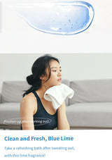 A promotional product graphic for a bath product. The top shows a translucent blue gel smear, the middle shows a woman with a towel over her neck in a living room setting, and the bottom contains text reading 'Clean and Fresh, Blue Lime' and descriptive copy.