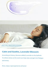 A product listing graphic for a lavender bath soak. The top half shows a close-up of the lavender-colored liquid in a droplet shape.