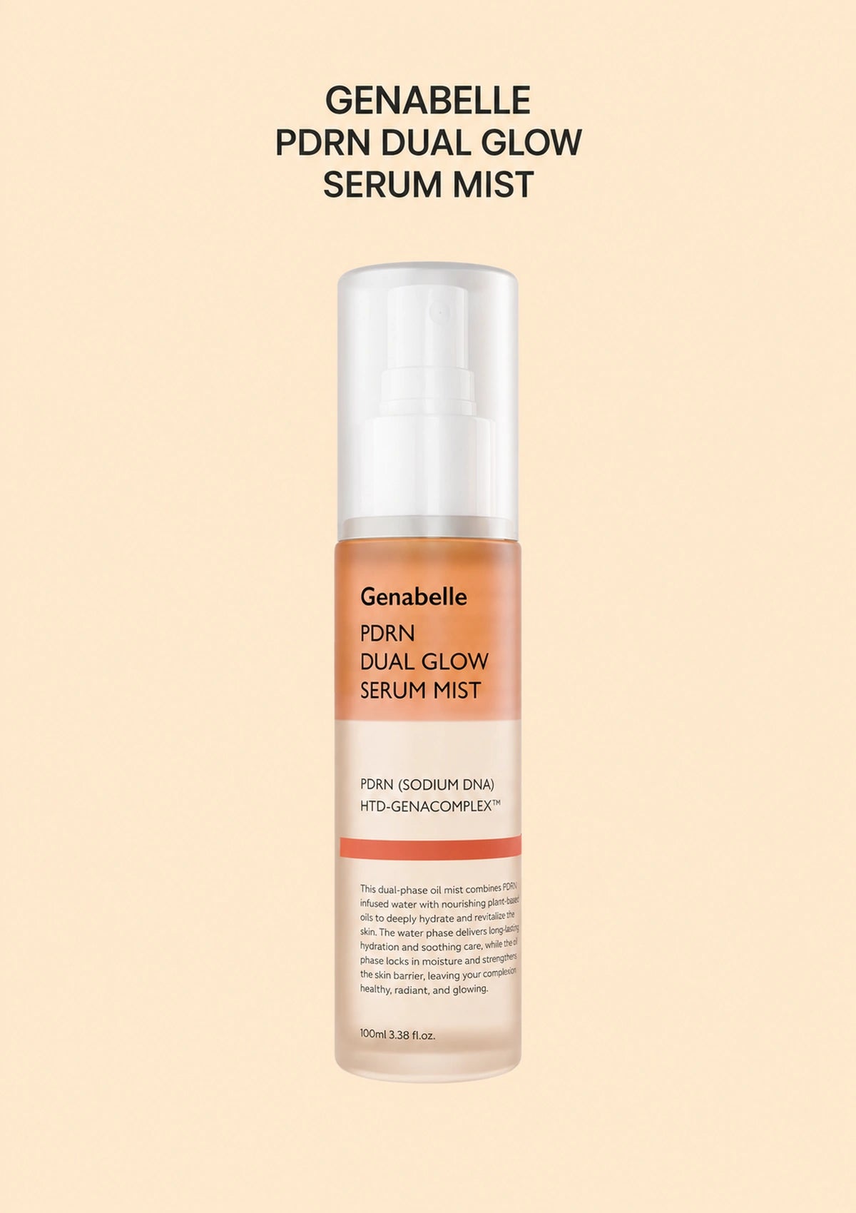 GENABELLE PDRN Dual Glow Serum Mist 100ml bottle on peach background