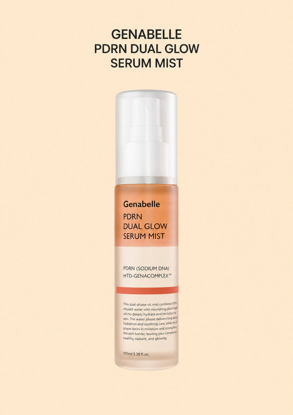 GENABELLE PDRN Dual Glow Serum Mist 100ml bottle on peach background