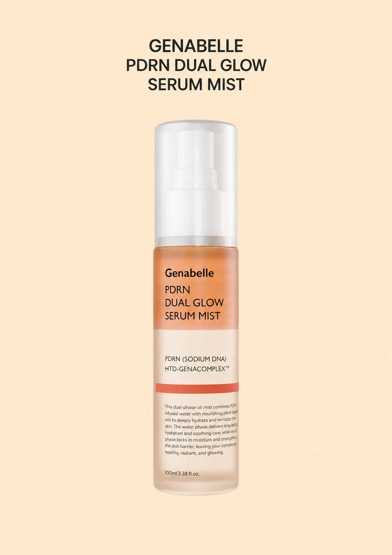 GENABELLE PDRN Dual Glow Serum Mist 100ml bottle on peach background