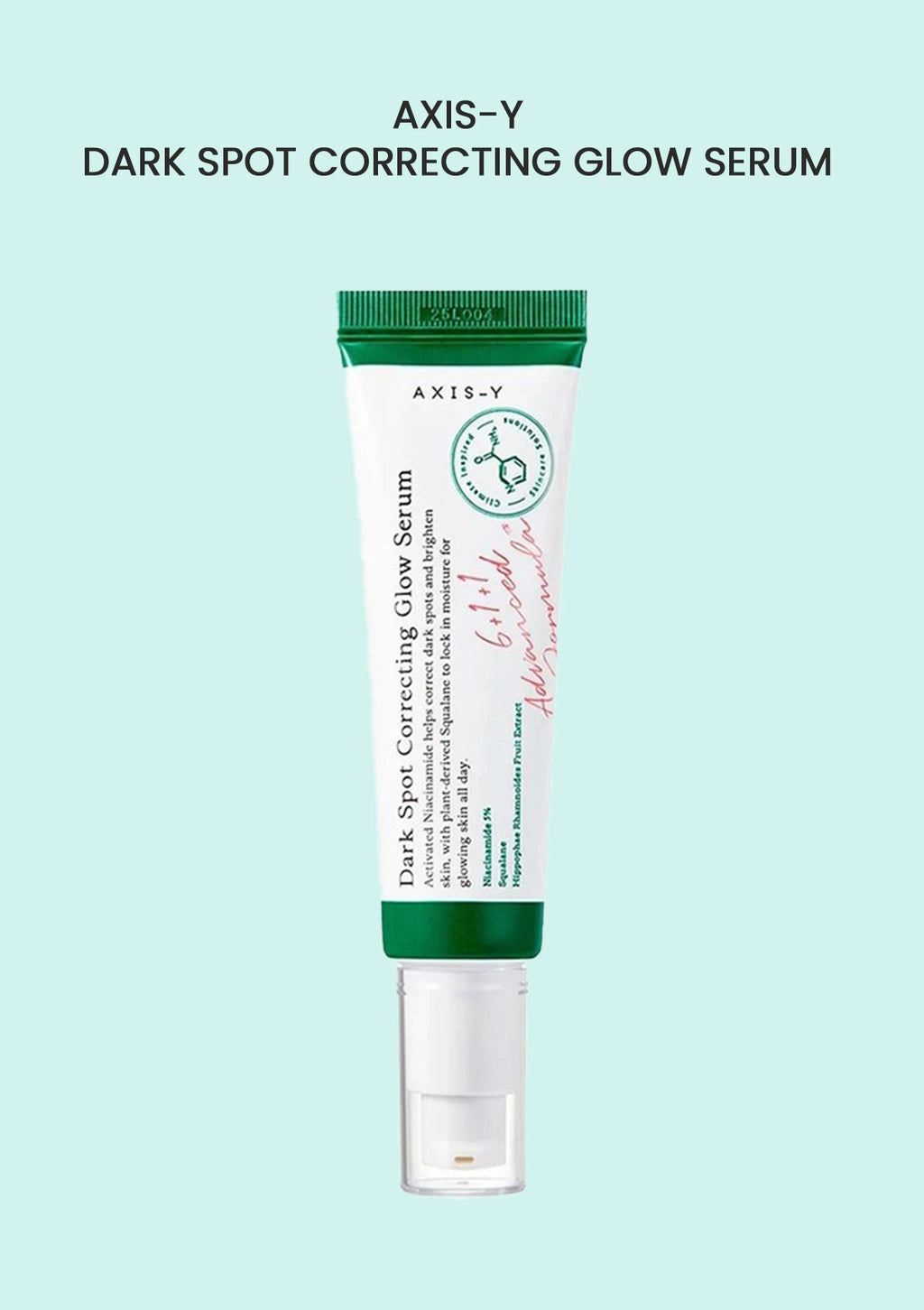 Axis-Y dark spot correcting glow serum tube on a light blue background