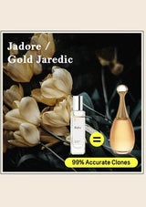 Perfume bottles labeled 'Jadore' and 'Gold Jaredic' with flowers in the background.