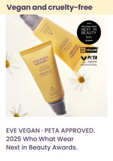 Haruharu Wonder Airyfit sunscreen with EVE VEGAN, PETA APPROVED and 2025 Who What Wear Next in Beauty marks