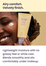 Model with Airyfit sunscreen showing its smooth texture and yellow 50ml pump tube