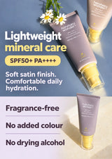 Haruharu Wonder Mineral Relief SPF50+ PA++++ sunscreen: soft satin finish, daily hydration, fragrance-free, no added colour or drying alcohol.