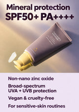 Mineral Relief SPF50+ PA++++ non-nano zinc oxide sunscreen with UVA and UVB protection, vegan and cruelty-free.