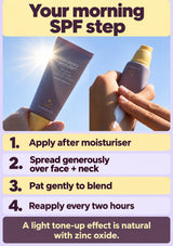 Apply Mineral Relief after moisturiser, spread generously over face and neck, pat to blend and reapply every two hours.