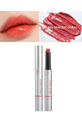 Lipstick with applicator and close-up of lips wearing the color, labeled '#02 Healthy Coral'.