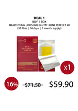 Promotional graphic for HealthyHug Liposome Glutathione Perfect 90, showing a red product box, a single white film packet with a yellow liposome core, and sale text including 'DEAL 1 BUY 1 BOX' and a $59.90 price with a 16% discount badge.